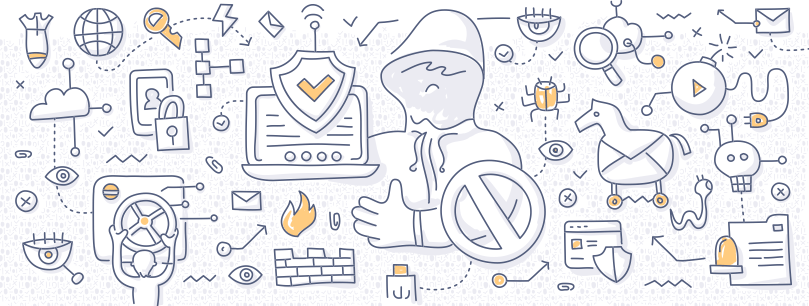 Illustration einer vermummten Figur mit Cybersicherheitssymbolen, Schilden und Symbolen für digitale Sicherheit um sie herum.