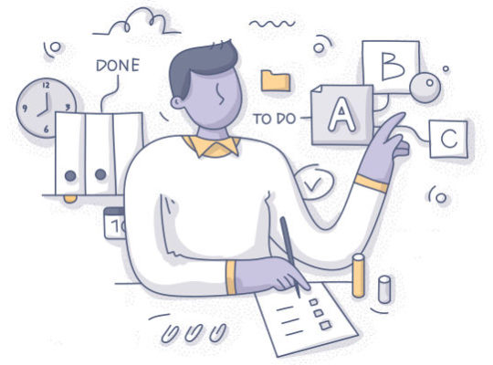 Illustration einer Person, die Aufgaben organisiert und auf die Buchstaben A, B und C mit einer Checkliste und Büroartikeln zeigt.