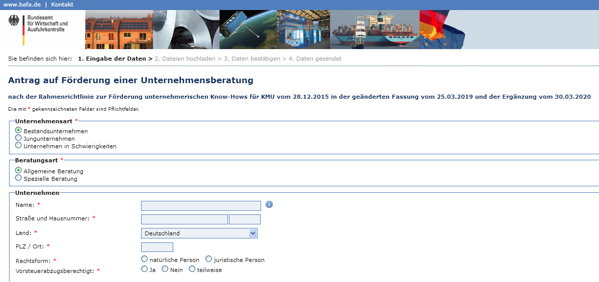 Screenshot: Online-Formular Antrag auf Förderung einer Unternehmensberatung