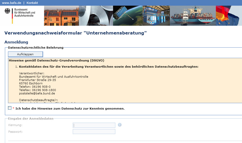 Screenshot: Online-Formular Verwendungsnachweis